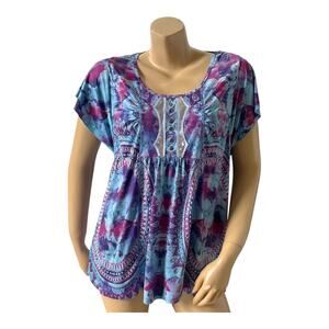One World PL Blue Purple Boho Tunic Paisley Sequin Studded Blouse Short Sleeve